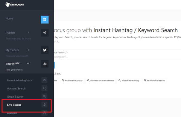 Circleboom live search will offer you trending keywords and people related to them.