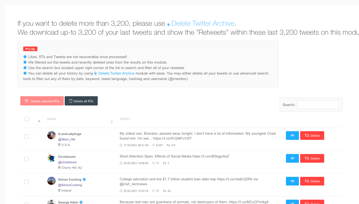 With Circleboom’s excellent My Tweets tool, you can list, filter and sort your retweets and delete undesired retweets one by one or in bulk