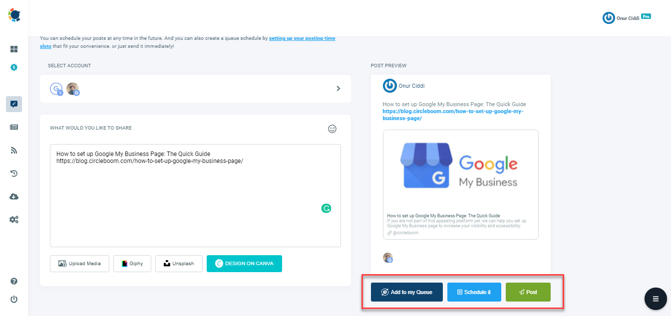 Once you are ready to go, as you may publish your posts instantly, you can schedule or Add them to your post Queue via using related buttons below the Post Preview.