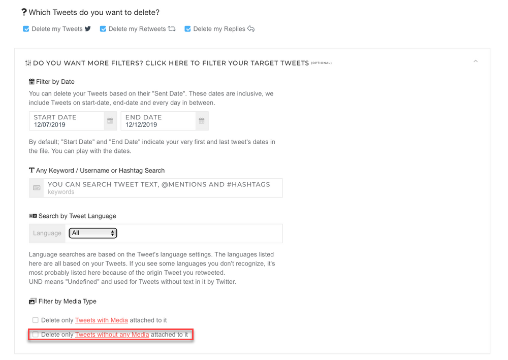 Circleboom Delete Twitter archive offers option select deleting tweets with Media attached or not