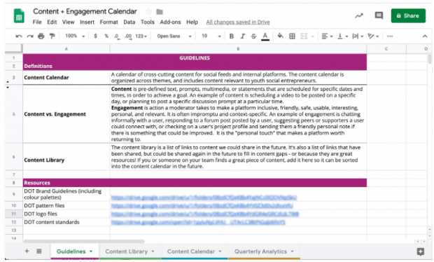 You can add a separate sheet for fundamental guidelines for the social media calendar, workflow and posts. | Source: Digital Opportunity Trust