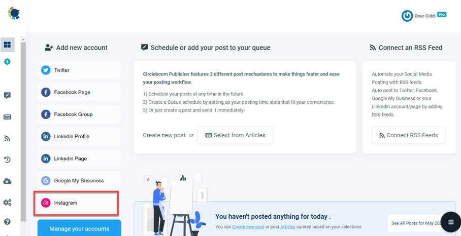 Click on the Instagram icon and sync your Instagram account with Circleboom.