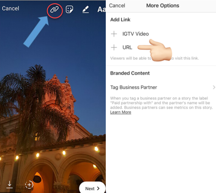 Chain icon on story section enables you to add specific URL or IGTV video link to your Story