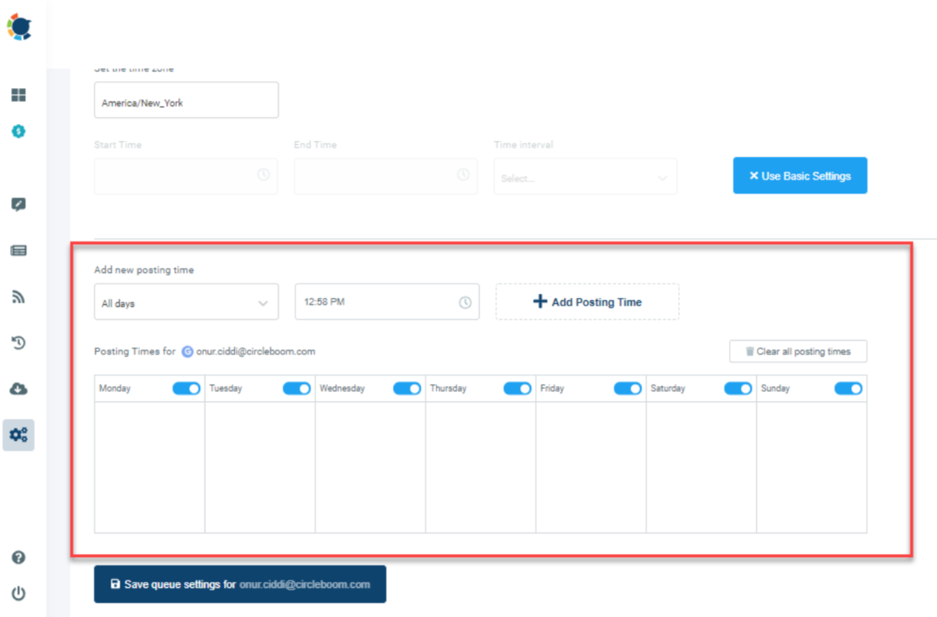For bulk queue plans, you can select your publish days and time intervals on weekdays, weekends, or certain days of the week with Advanced Plan.