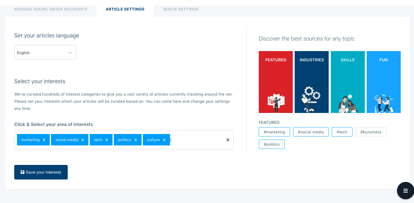 With Circleboom's Article Curator, you can find trending articles related to your interest.