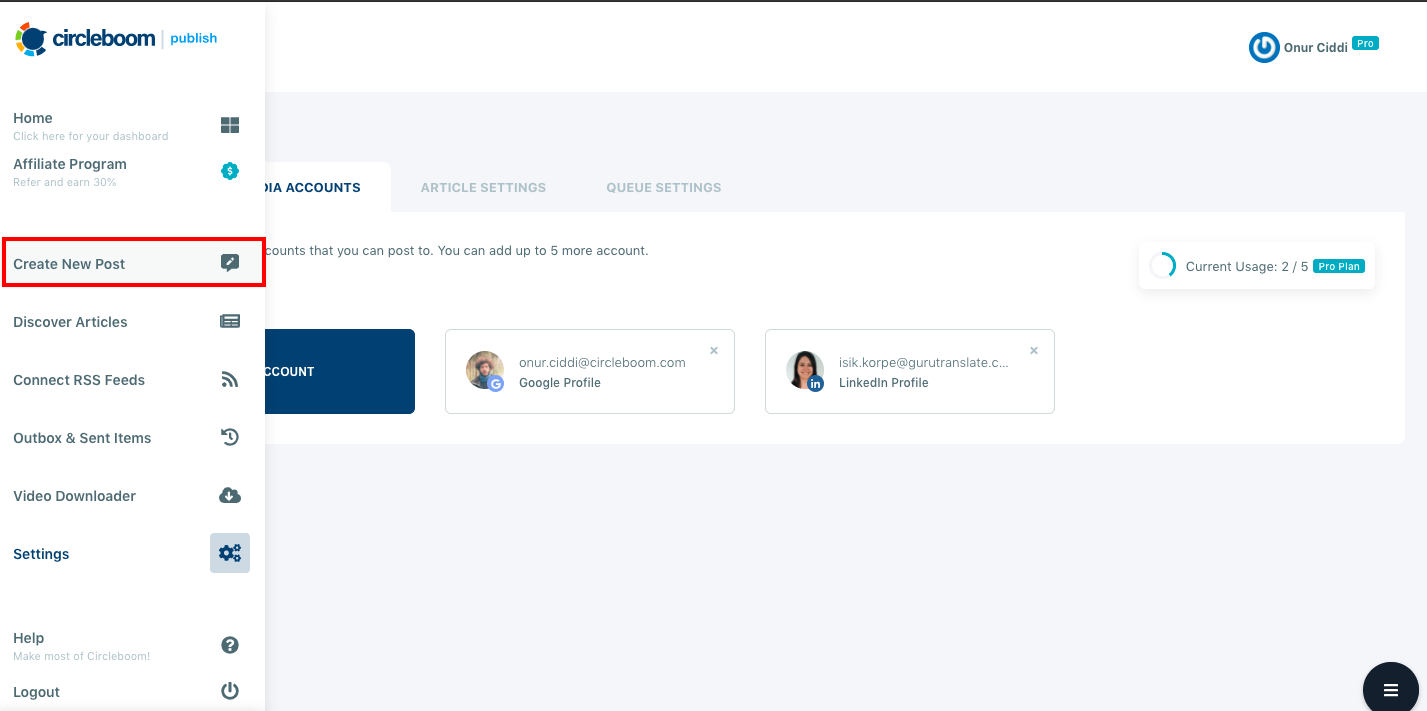 On the Create New Post dashboard, create your posts for all your social media accounts linked to Circleboom Publish.