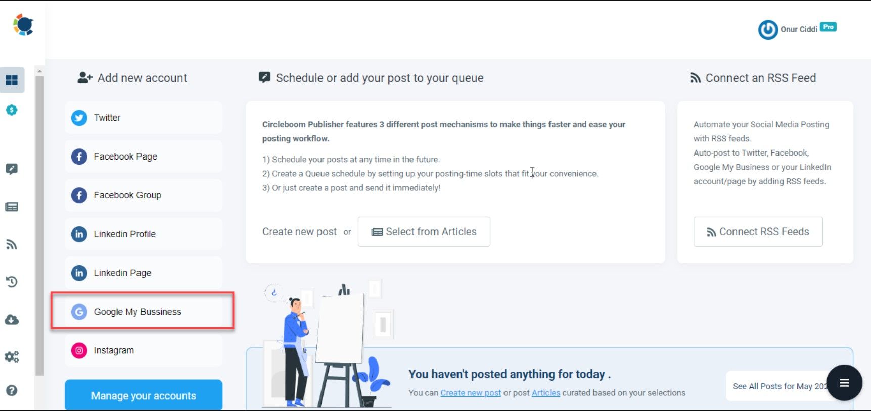 Circleboom social media scheduler works with several social media platforms as seen on the left side menu