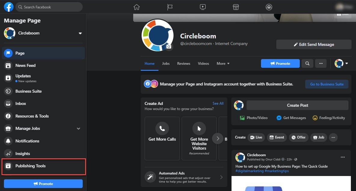 Publishing tools selection will navigate you to a panel where you create and share posts