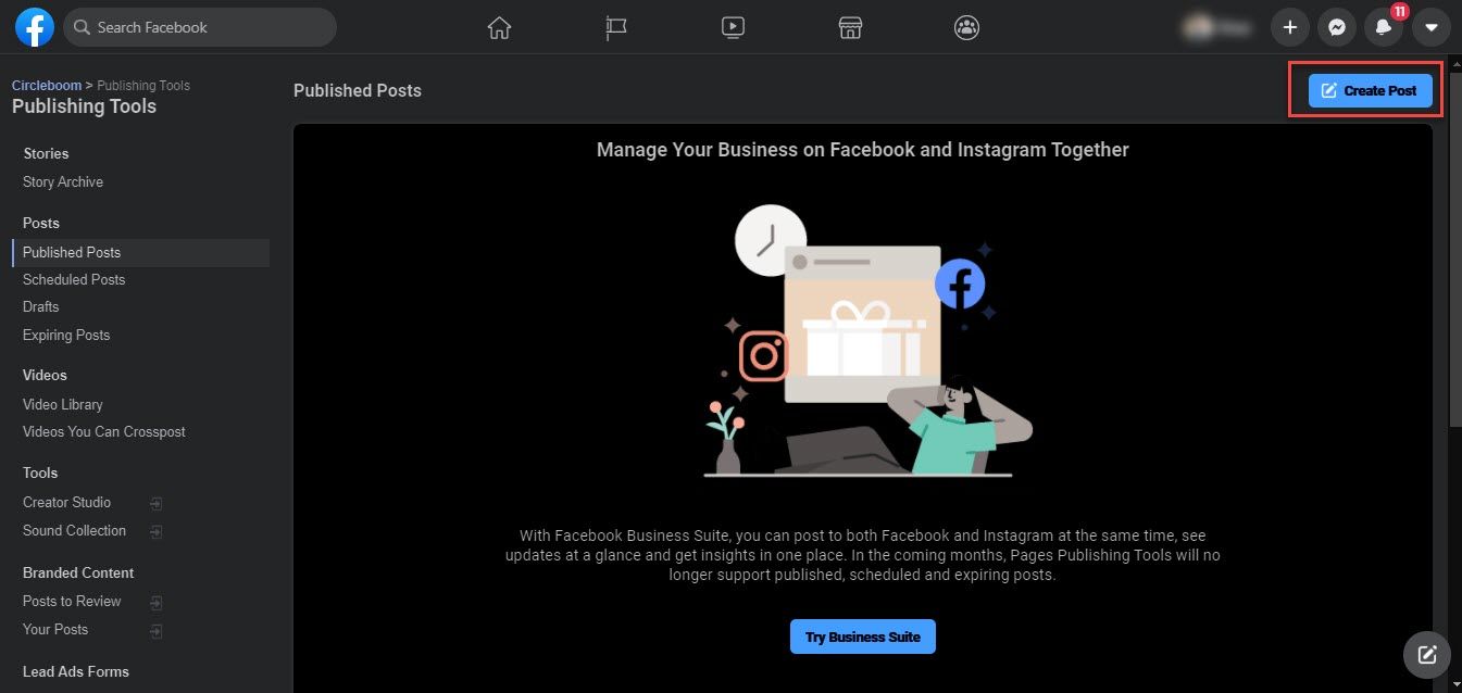 Create Post button on the right top.