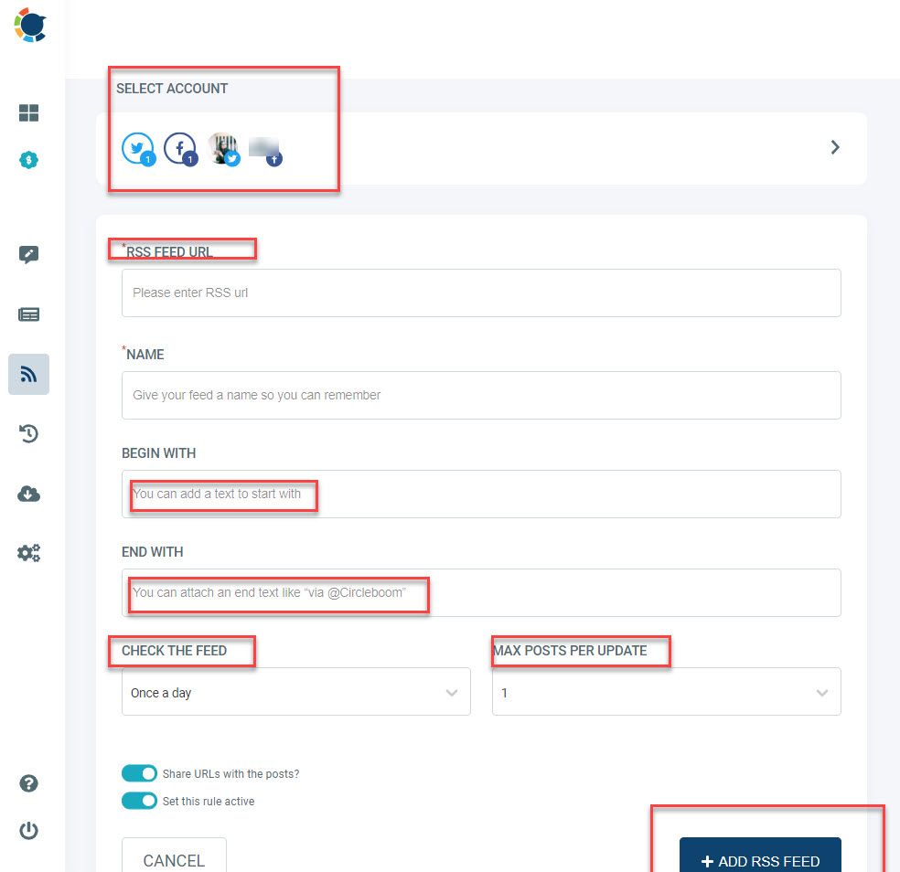 Select the frequency and intervals to check RSS feed and number of posts per update.