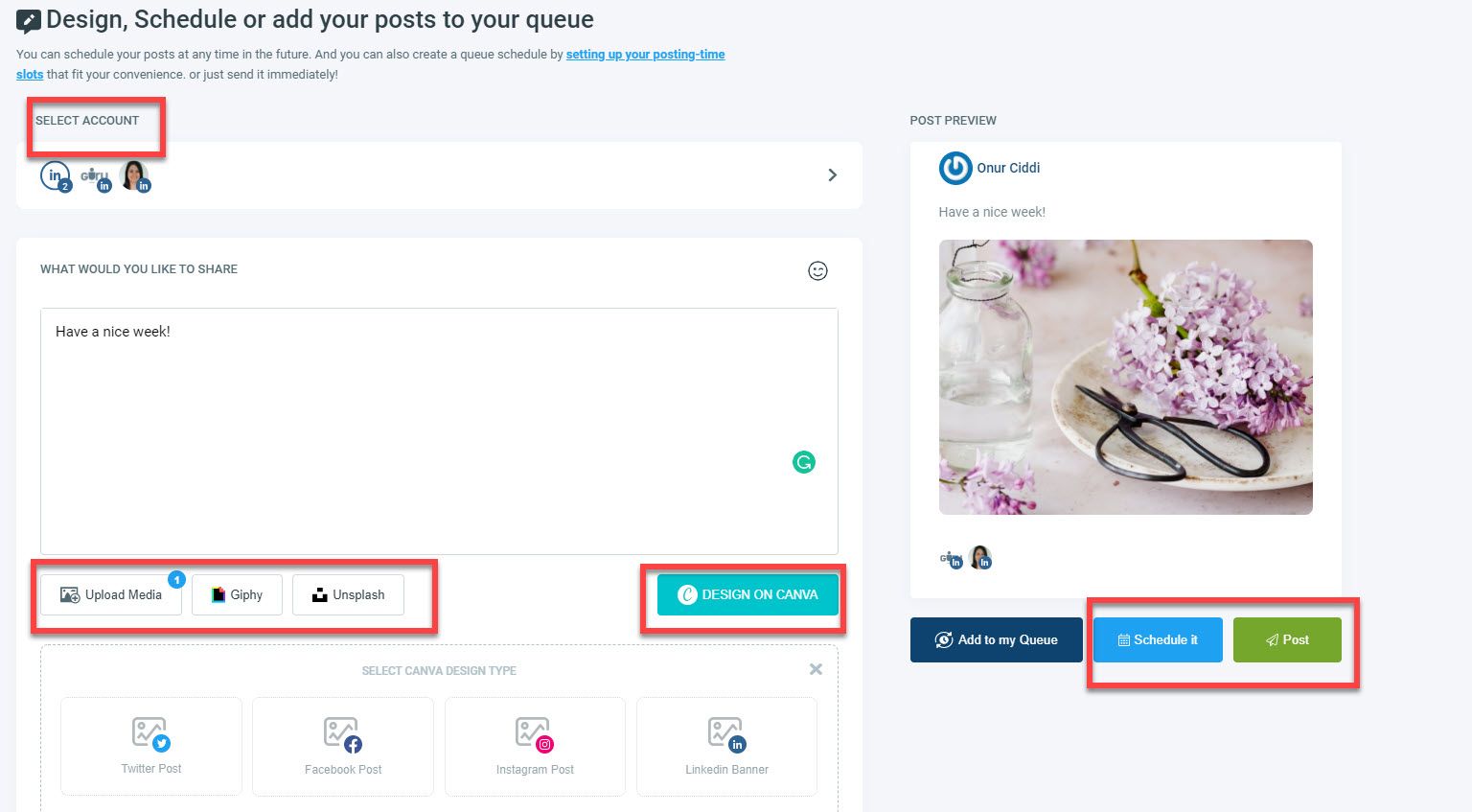 You can design LinkedIn posts with built-in Canva feature and continue scheduling.