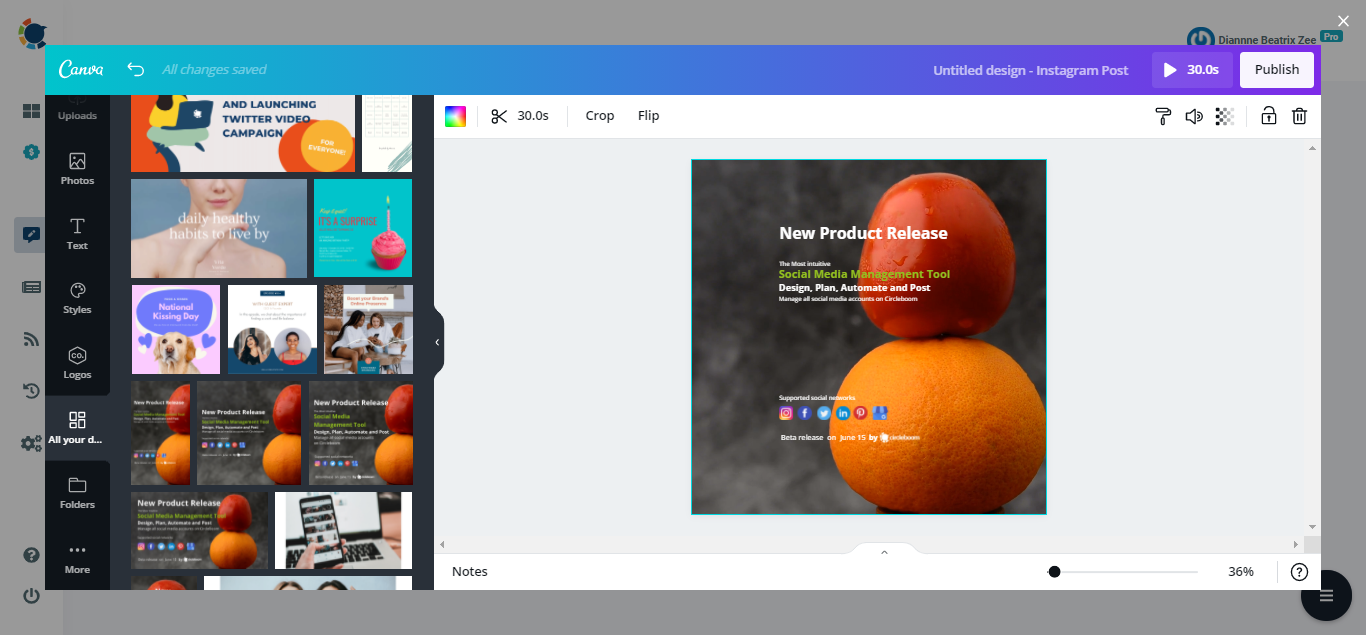 After you've finished your design, click Publish, you'll be able to schedule Instagram posts at any moment.