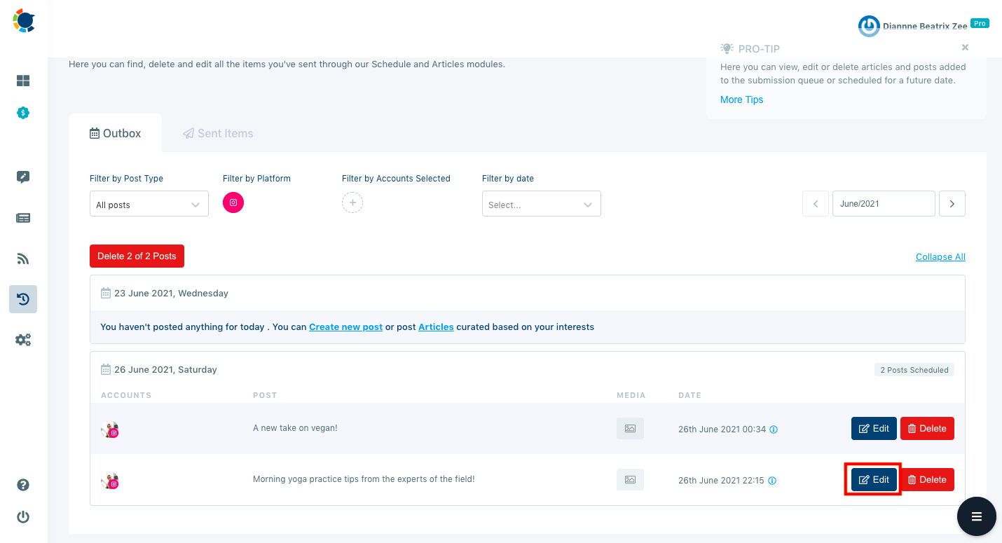You can monitor your upcoming scheduled Instagram posts and edit them on a single dashboard.