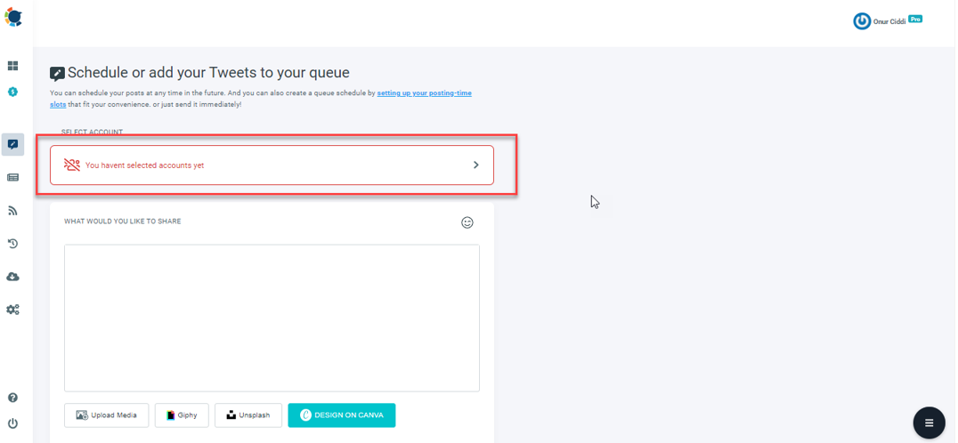 Select the account you want to post. You can add up to 5 different accounts for each social media platform in Pro plan.