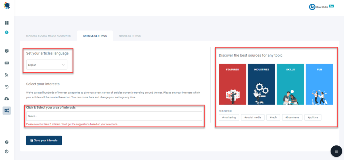 Choose your interest areas, discover articles, and auto-post blogs based on intervals you select