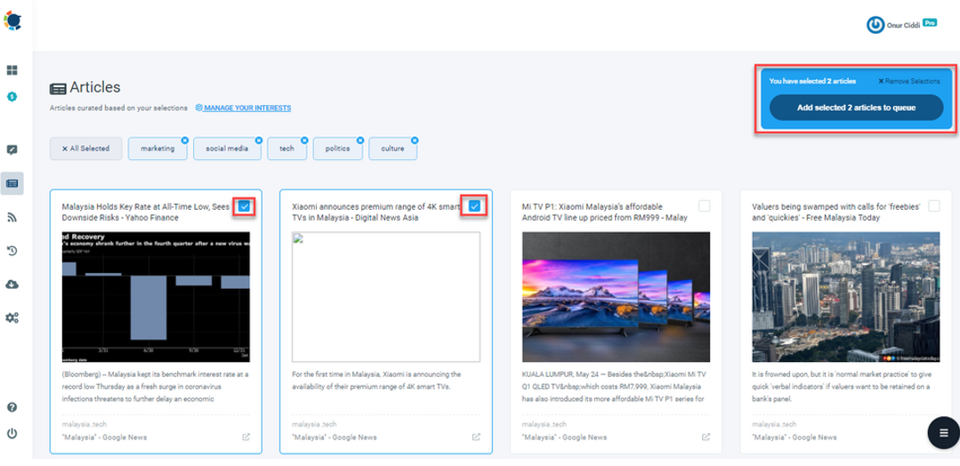 Select most relevant articles for audience and add them to the queue to post on LinkedIn