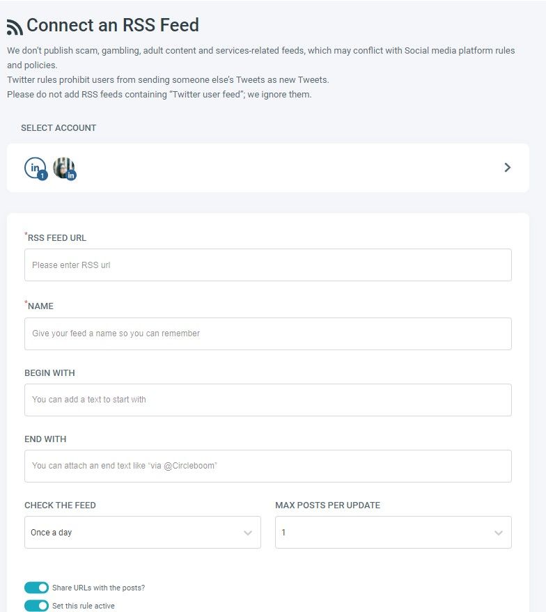 Add RSS feed of your website or favorite blogs, manage auto post settings, add starting and ending texts. That's it!