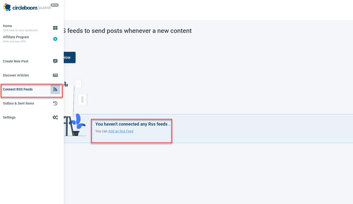 Click on Connect RSS feeds in the main menu on the left