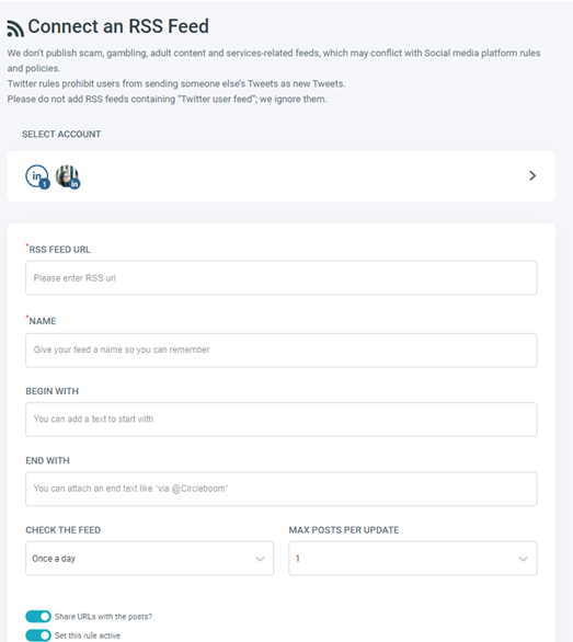Circleboom RSS feed connecting page