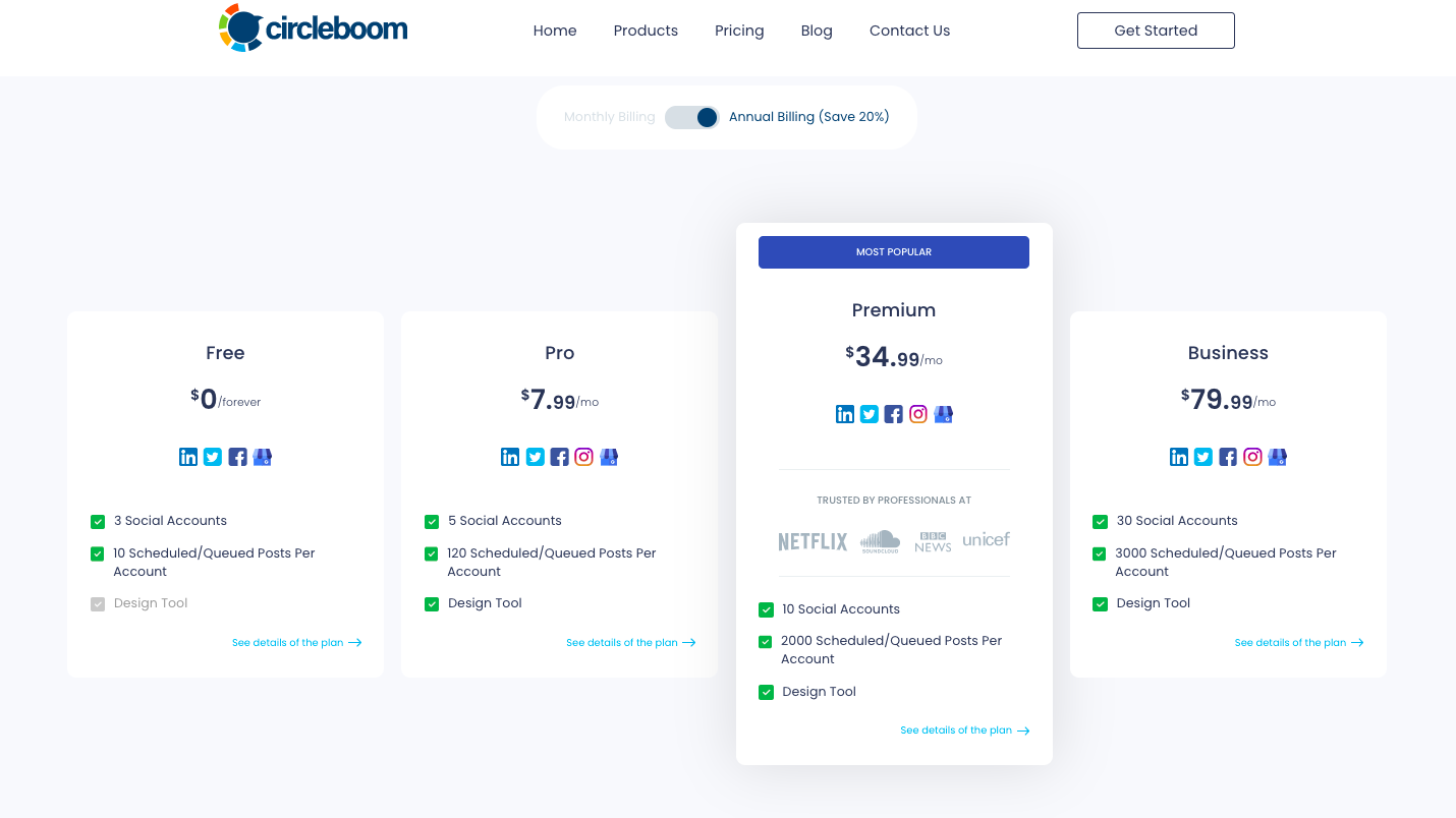 The Circleboom premium subscription plan is used by Netflix, Soundcloud, Roche, NBC and many others