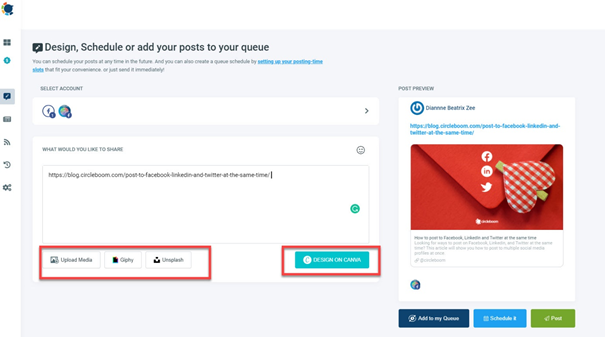 You can upload media, download stock images from Unsplash and Gifs from Giphy on the same Facebook post design page