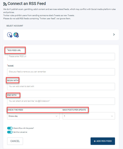 Post RSS feeds to social media