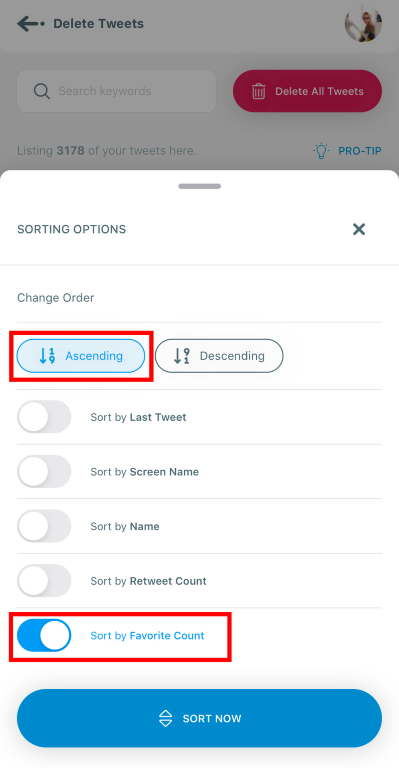 With Circleboom iOS App, you can sort your tweets by likes count to delete tweets with no likes or fewer likes.