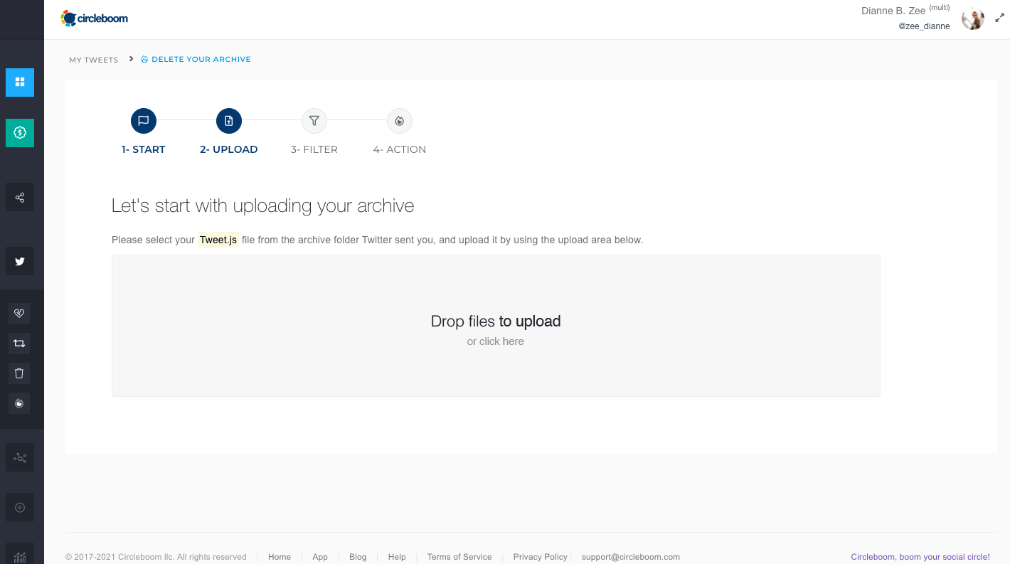 To use Circleboom Twitter's Twitter archive eraser, you need to drag and drop your Twitter history file to the dashboard.