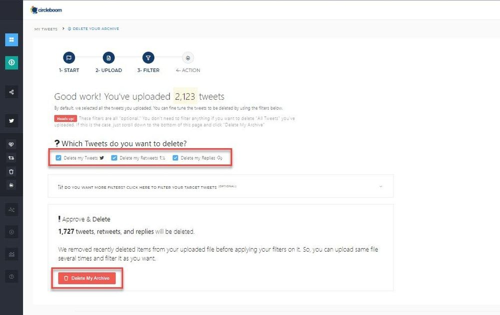 On Circleboom Twitter, you can erase tweets using the smart filters such as delete my tweets, delete my retweets and delete my replies.