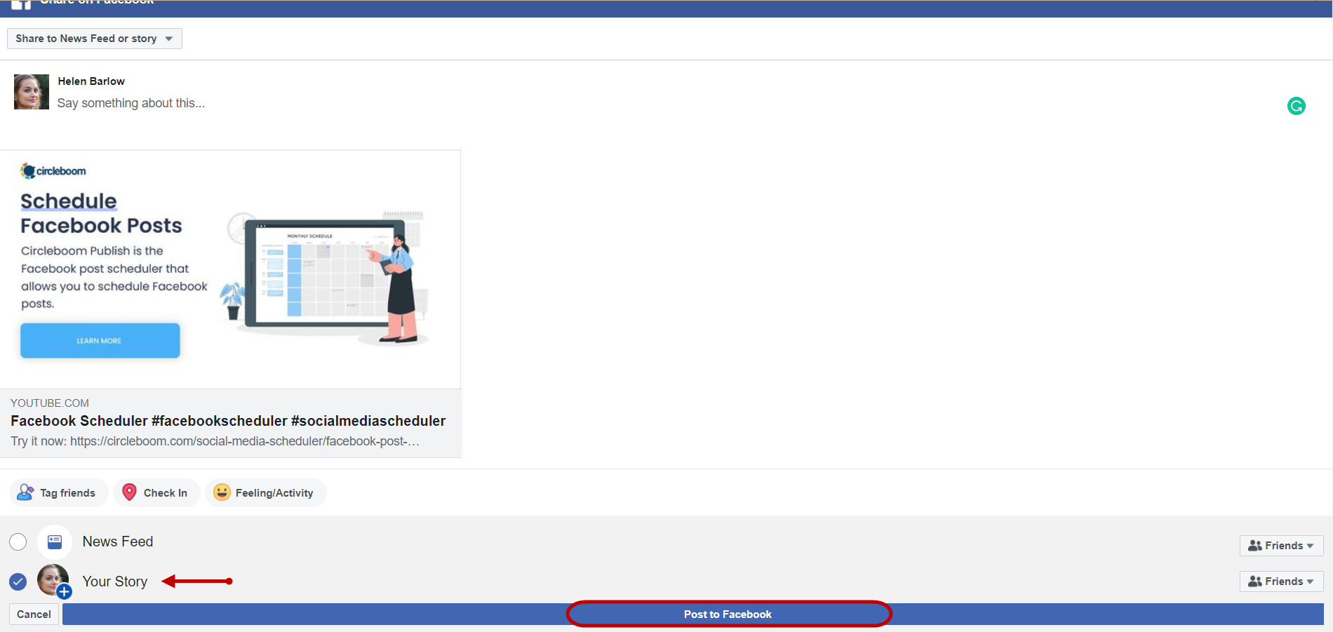Select 'Your Story' instead of 'News Feed' to share the link.