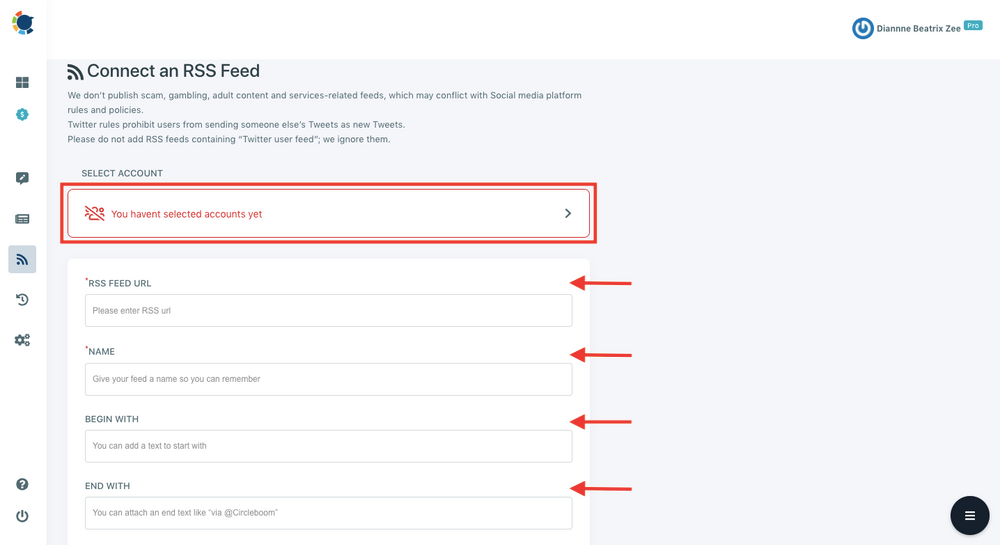 You can enter text in the "begin with" and "end with" fields if you want your RSS articles to start or/and with a specific text.