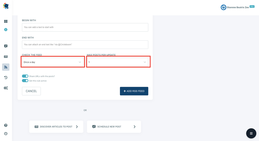 Select the frequency with which you want new content from the RSS feed source to be detected