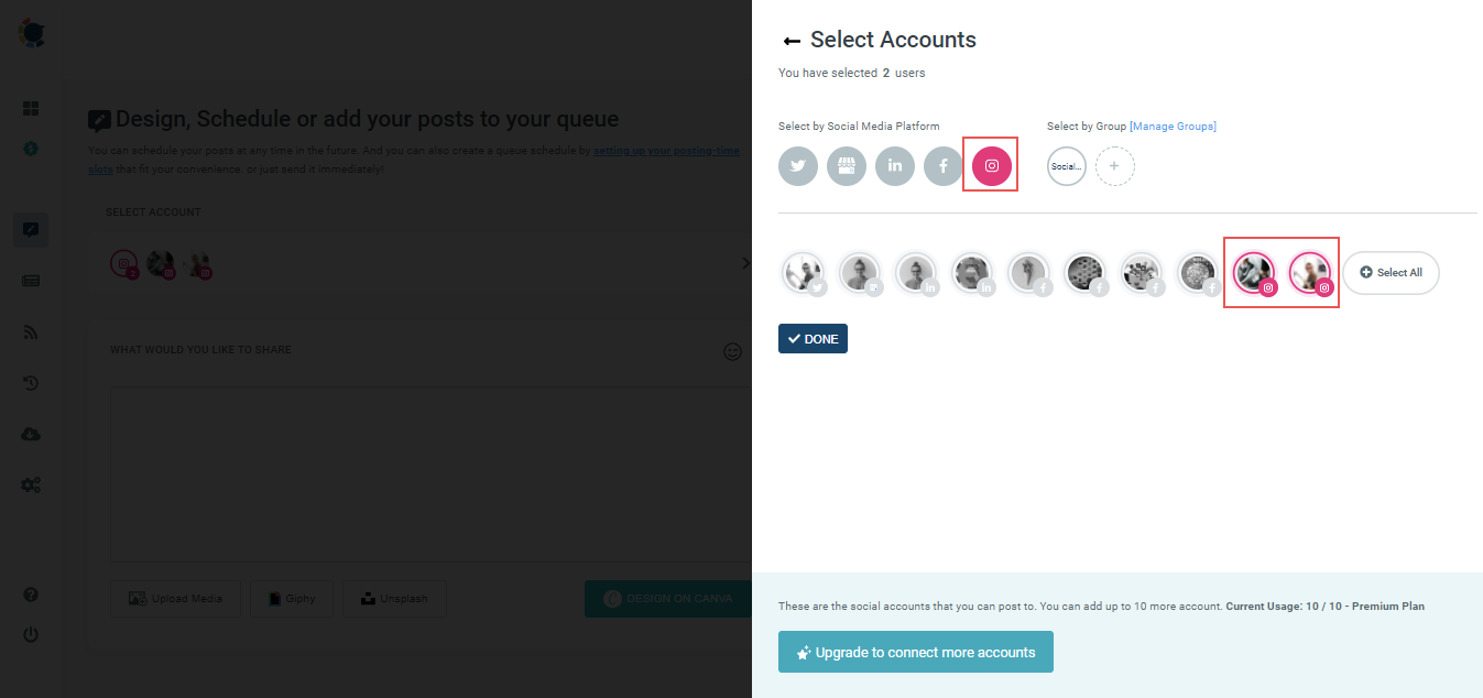 If you want to post on all the Instagram accounts connected to Circleboom Publish, you may choose the Instagram icon in the "select by social media platform" section.