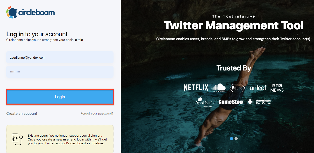 Navigate Circleboom Twitter and log in to your account.