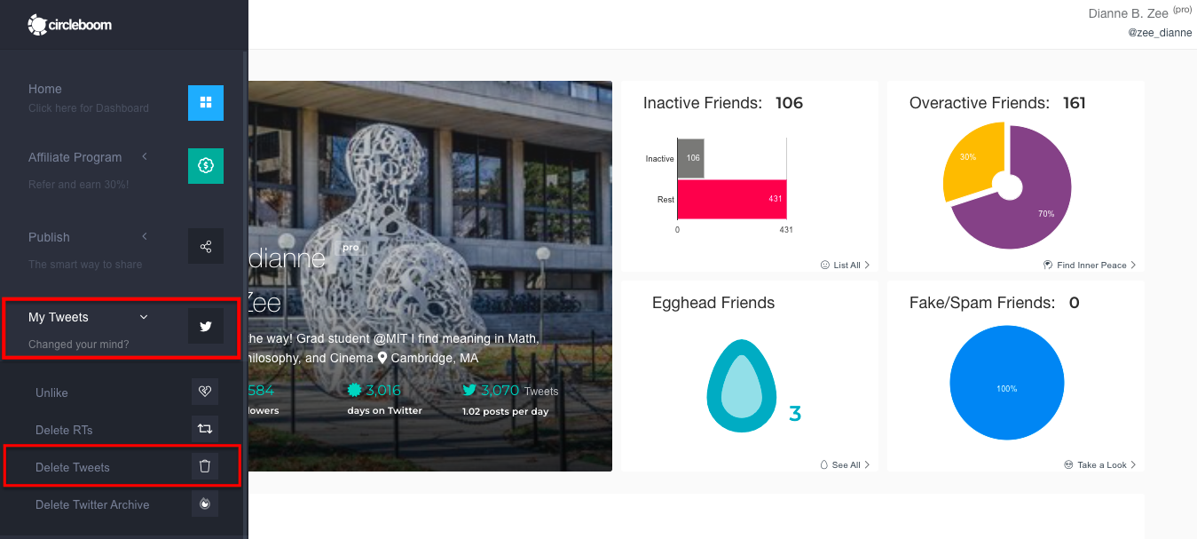 My Tweets section is in the sidebar on the dashboard.
