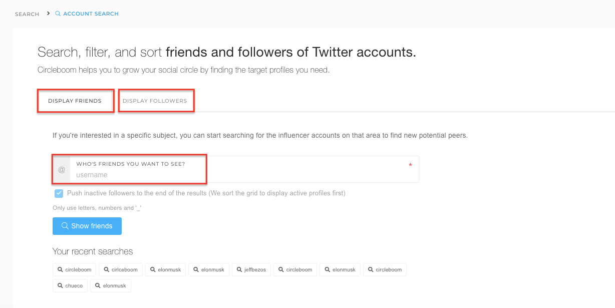 You can utilize the search engine for the data of friends and followers.