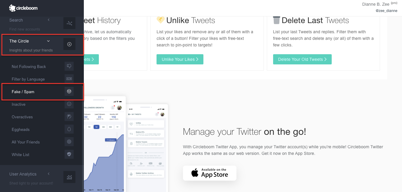 You can select fake/spam section to find deceitful accounts.