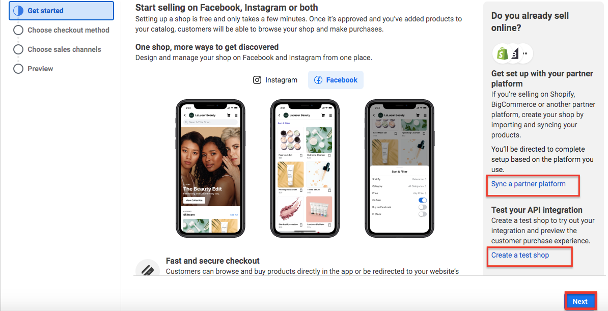Click on "Next" to further the steps for creating a shop on Facebook.