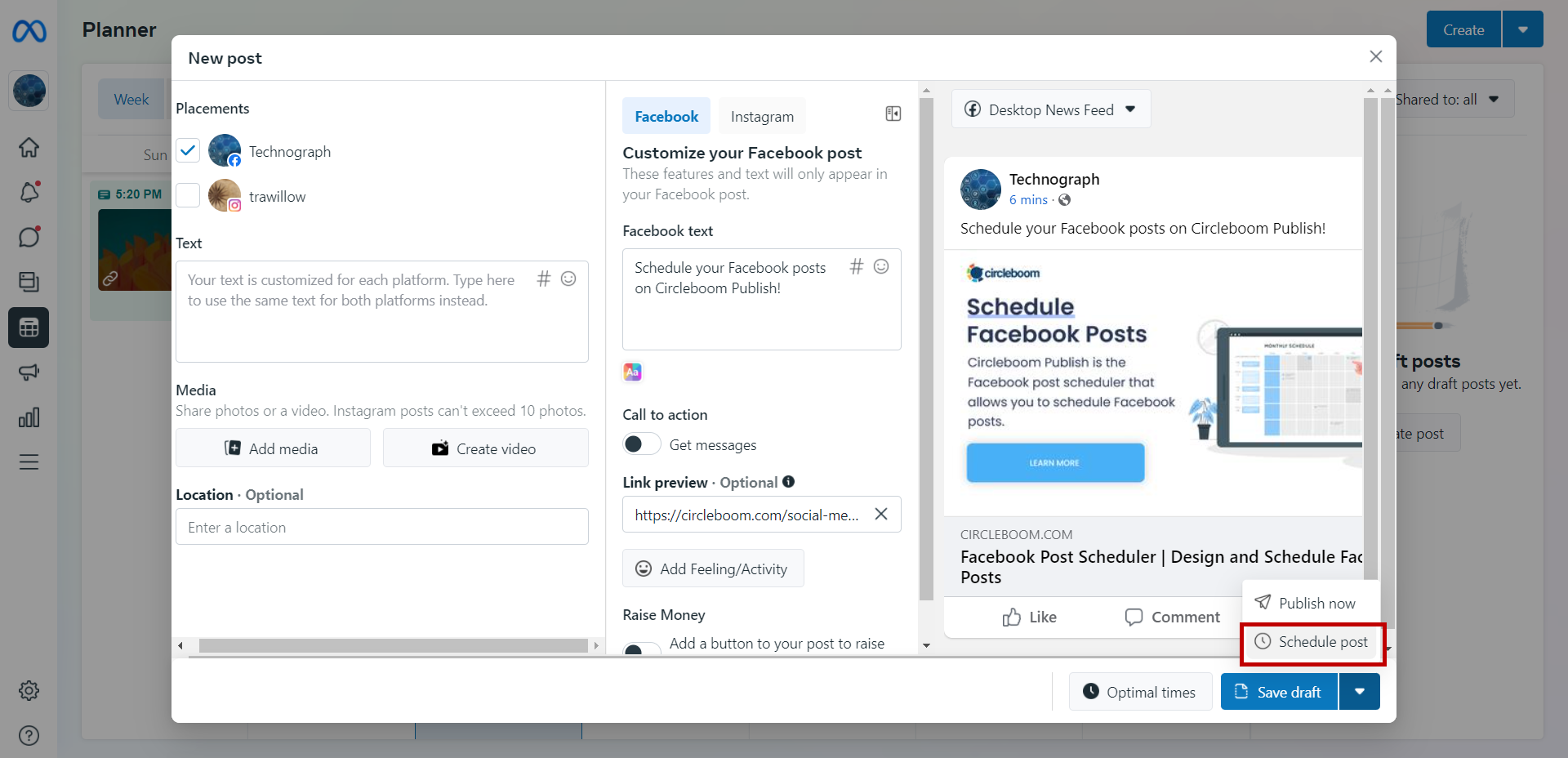 You can post or schedule your Facebook content