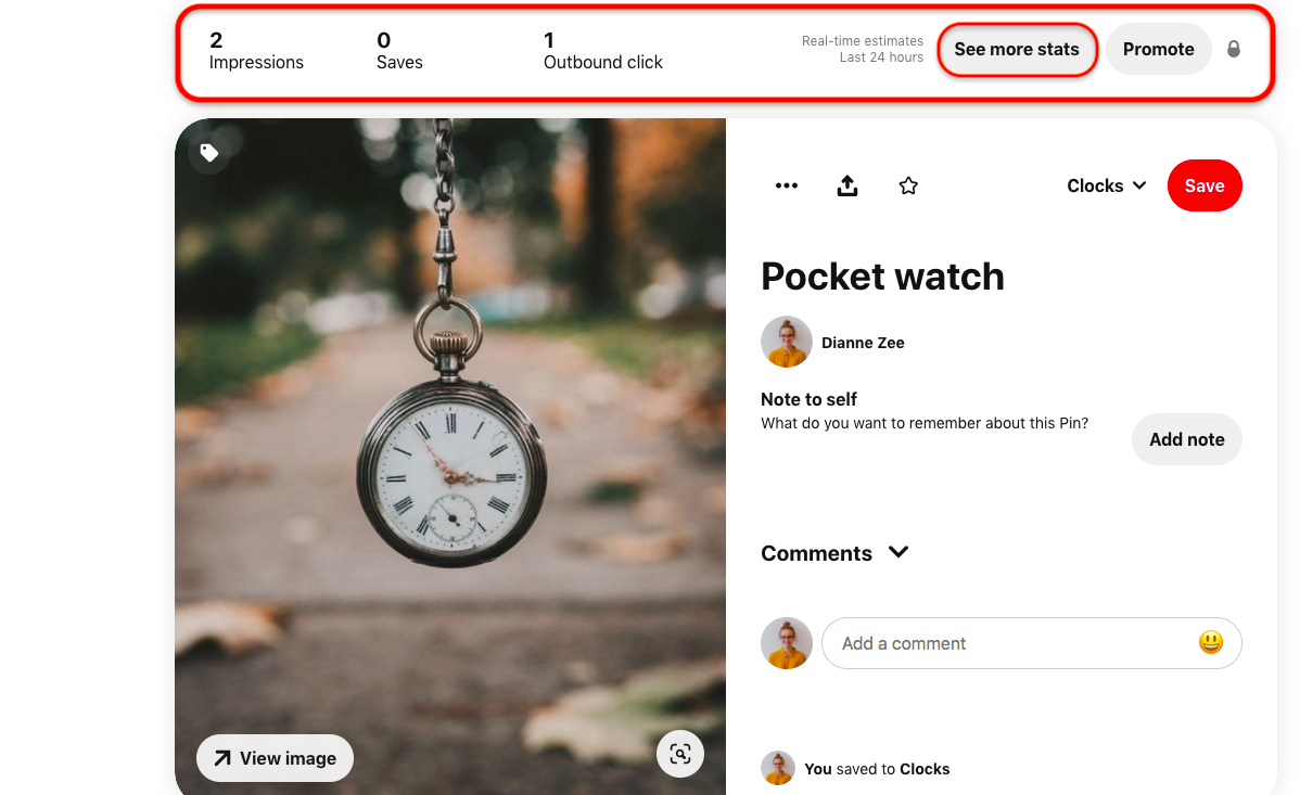 You can see the social metrics of a pin at the top of the pin. 