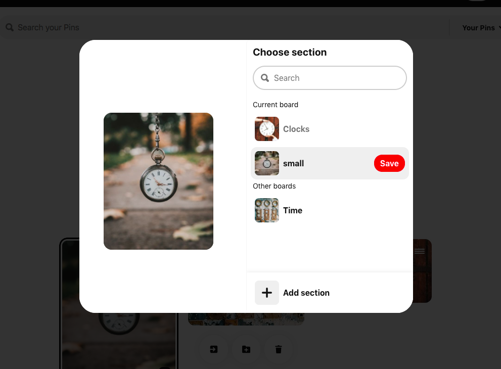 You can save your pin under a section by clicking on the save button next to the sub-board you want.