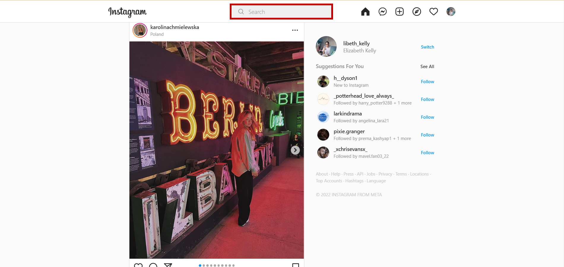 Search bar on Instagram