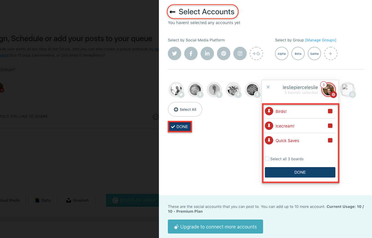 You can select multiple Pinterest accounts and boards.
