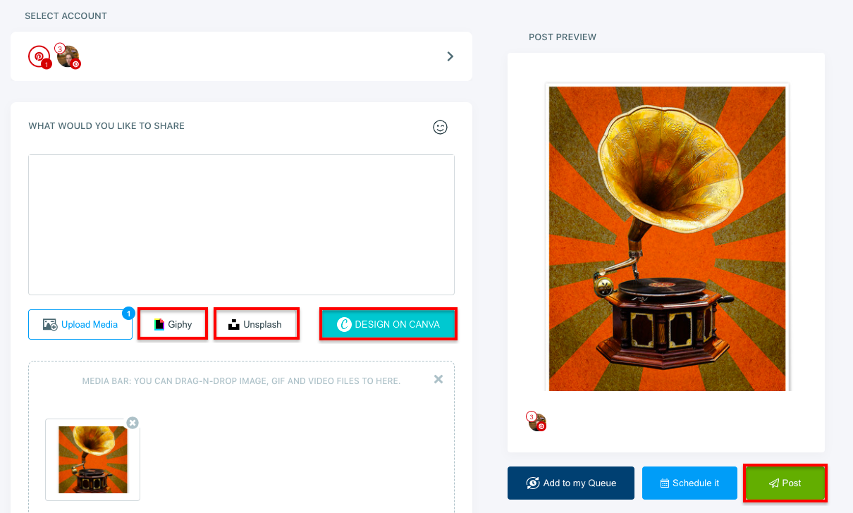 You can post directly or schedule your pin for a later time. Also, by setting time intervals you can automate your Pinterest posts.