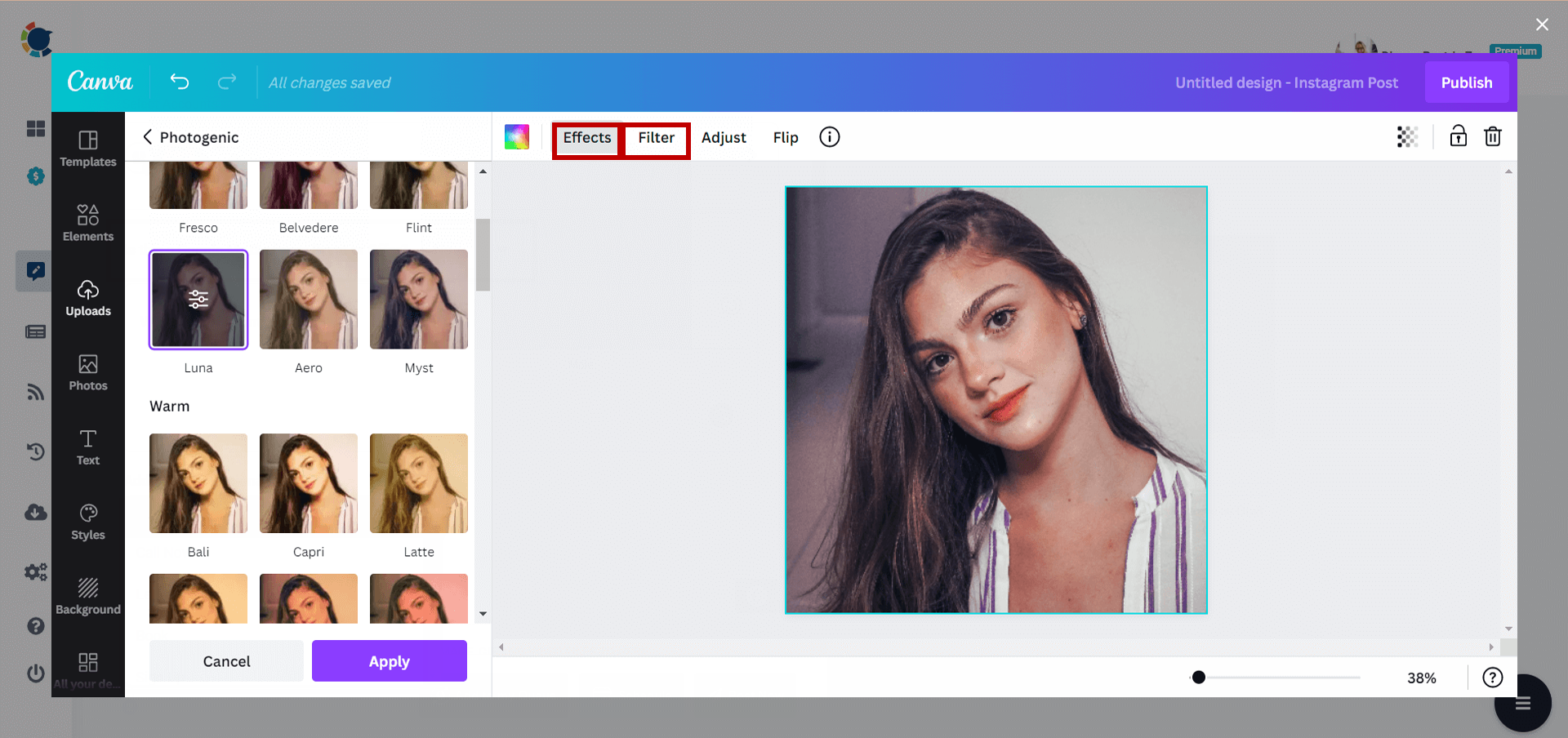 Instagram filters and effects.