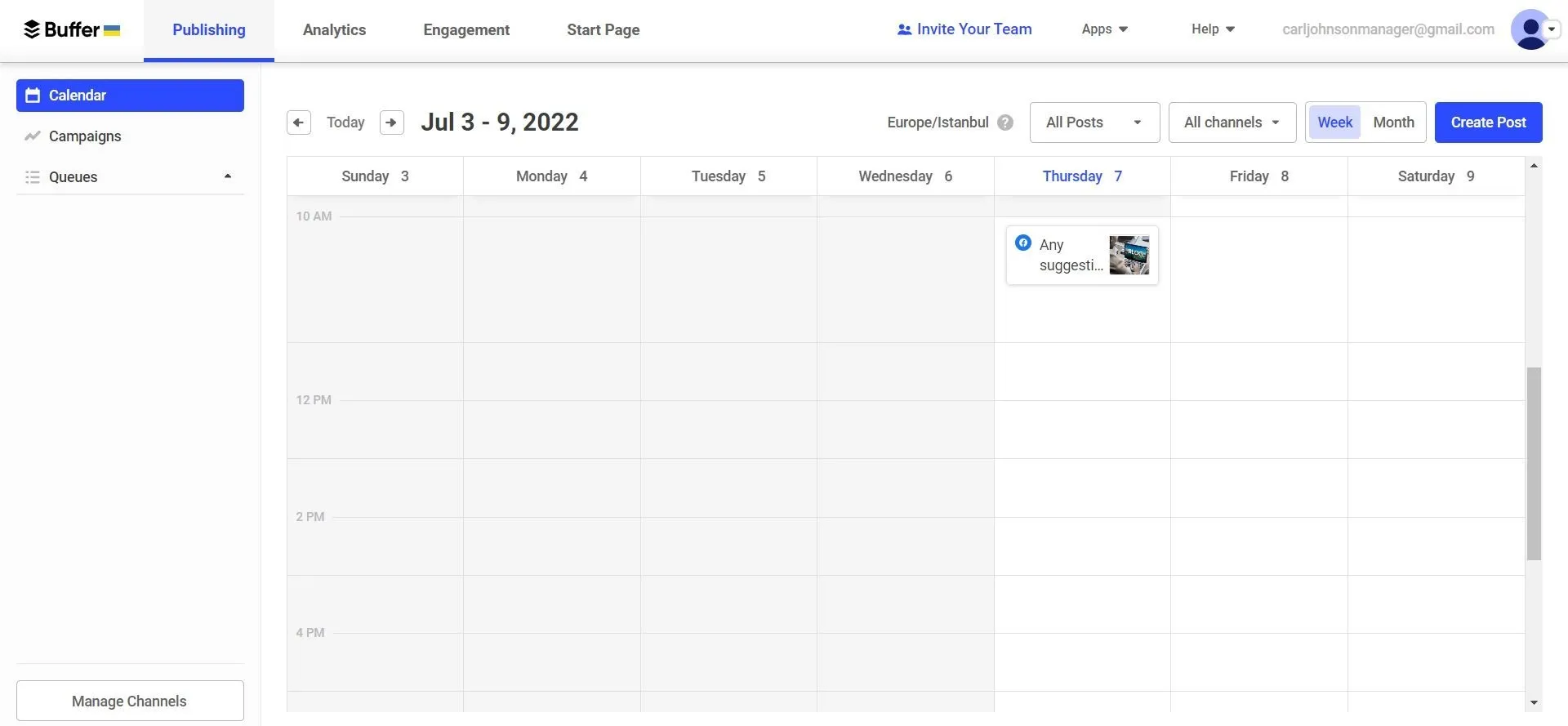  Buffer dashboard presents you a calendar to schedule your posts