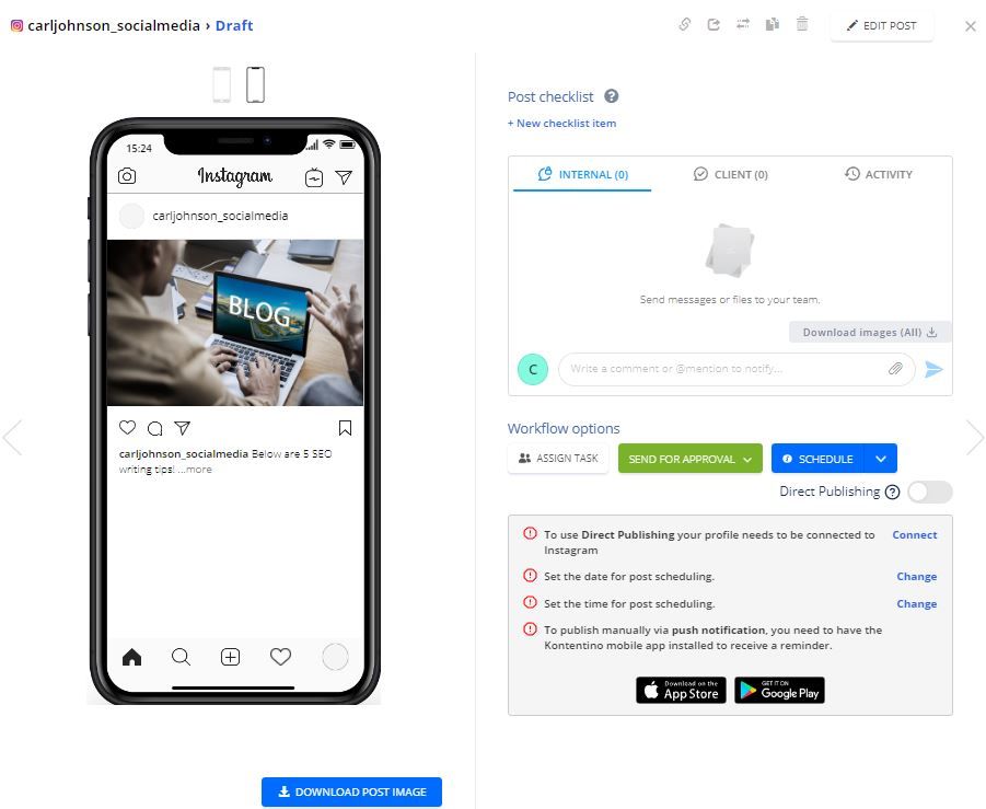 Kontentino preview shows how your Instagram post will look like once published
