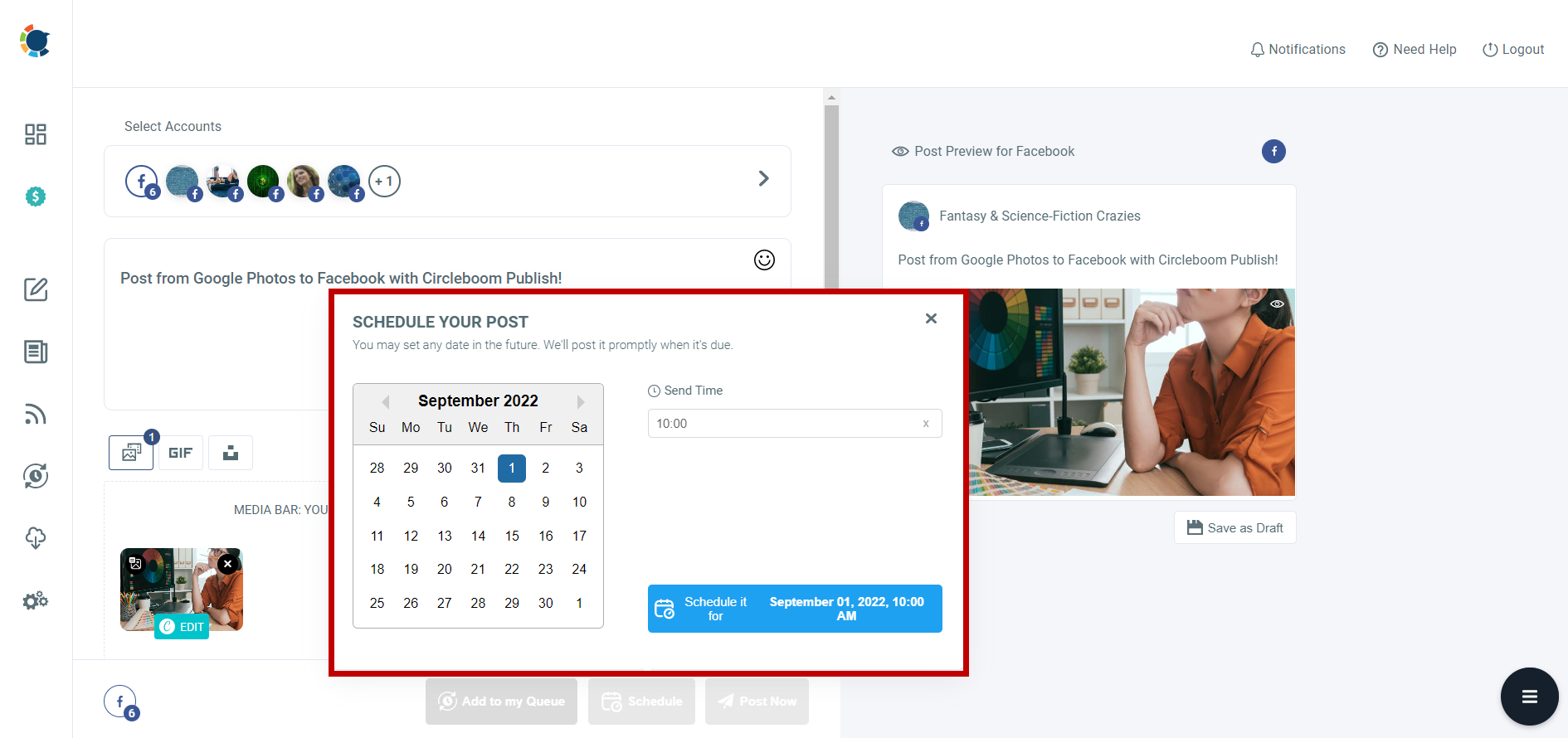 Upload from Google Photos to Facebook.