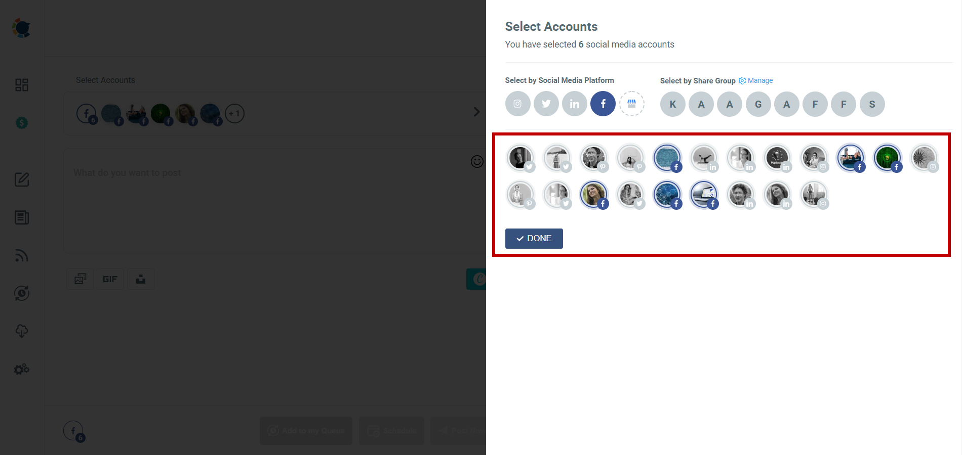 Select your Facebook Groups and Facebook Pages.