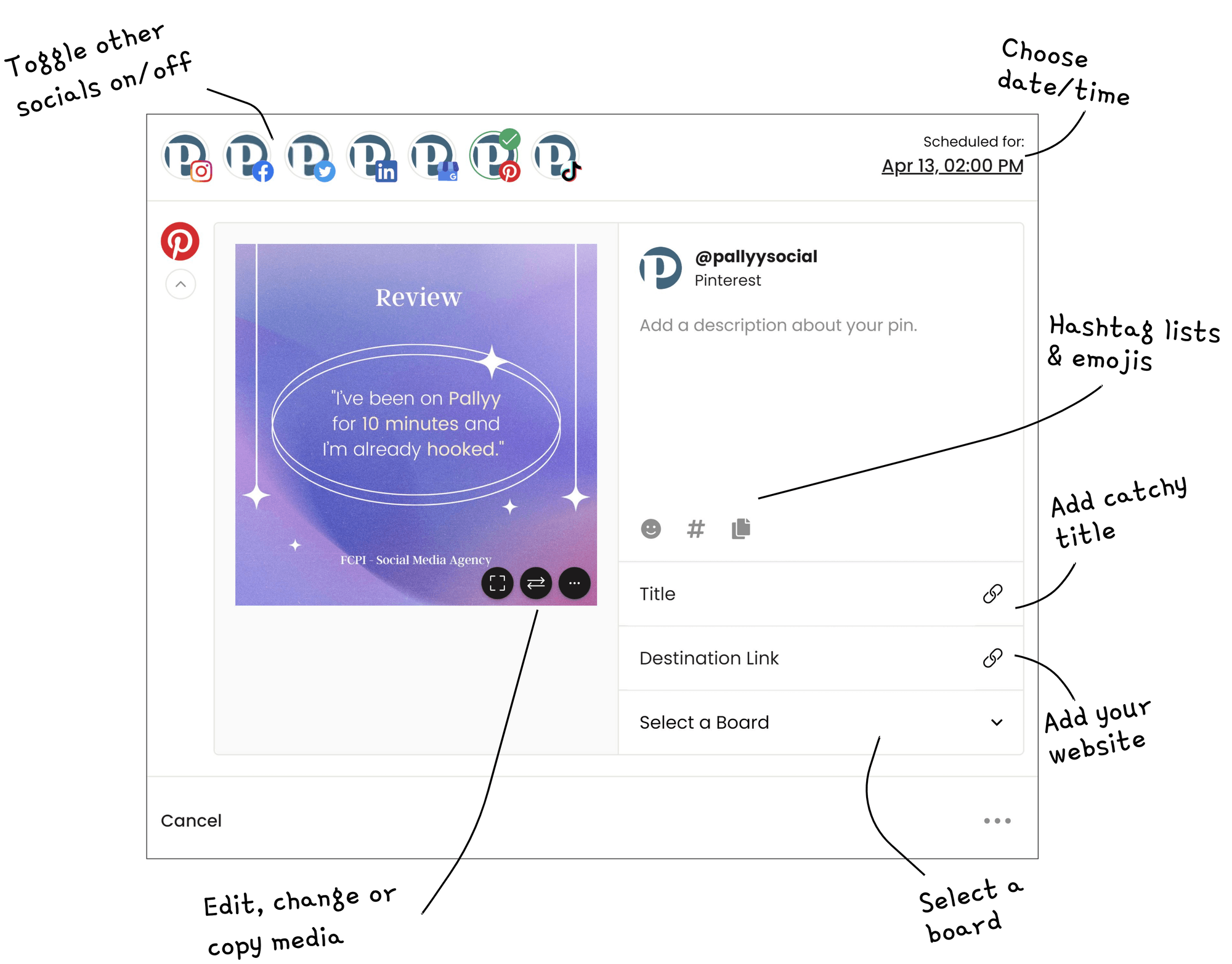 Pallyy dashboard shows the preview of your Pinterest pins and lets schedule your post times